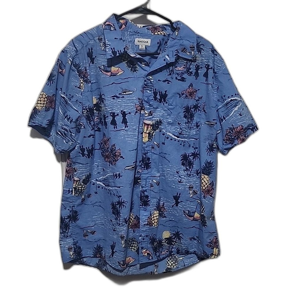 Haggar Button Men's XL Front Pocket Hawaiian Aloha Shirt‎
